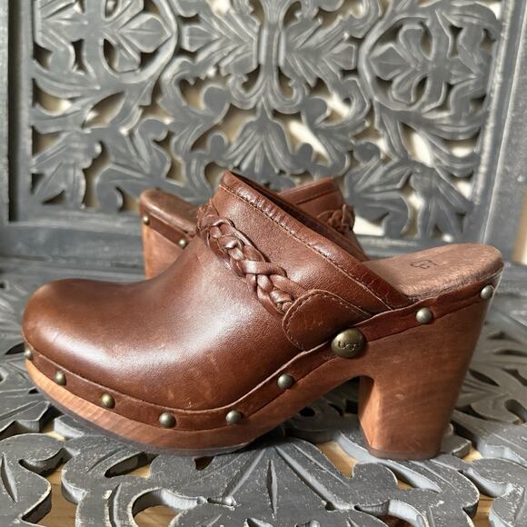 UGG Kaylee Leather Platform Clogs Brown Studded Wood Heel Braided Strap Size 7 - Picture 6 of 14